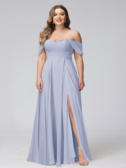 A-Line Off-the-Shoulder Sleeveless Ruched Long Chiffon Plus Size Bridesmaid Dresses with Split Side