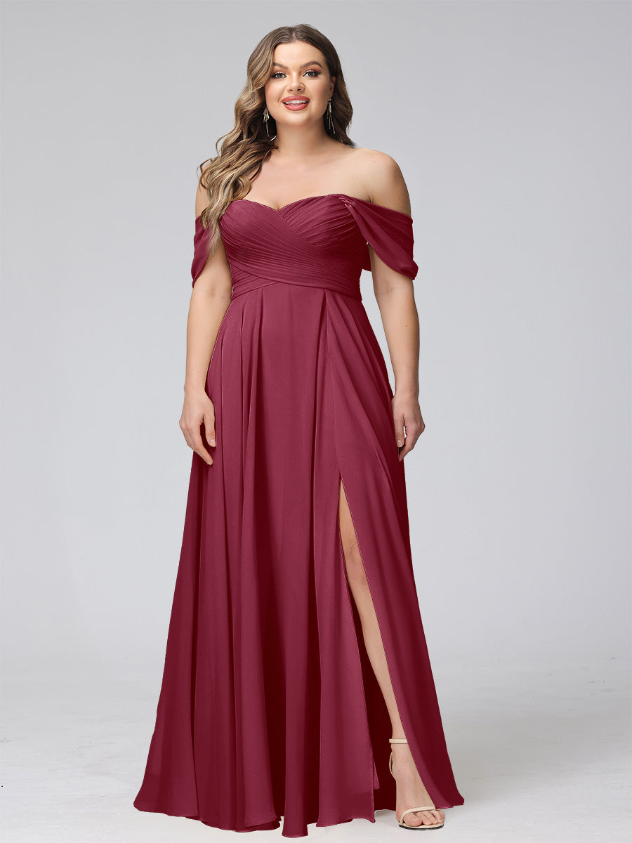 A-Line Off-the-Shoulder Sleeveless Ruched Long Chiffon Plus Size Bridesmaid Dresses with Split Side