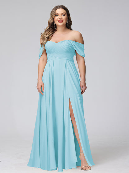 A-Line Off-the-Shoulder Sleeveless Ruched Long Chiffon Plus Size Bridesmaid Dresses with Split Side