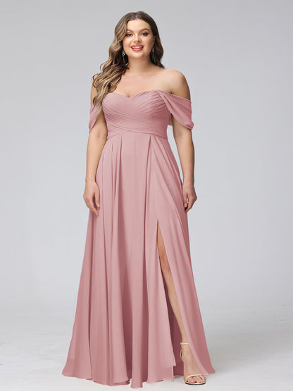 A-Line Off-the-Shoulder Sleeveless Ruched Long Chiffon Plus Size Bridesmaid Dresses with Split Side