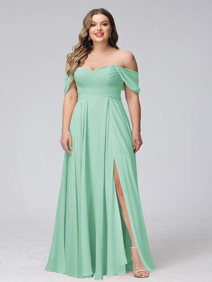 A-Line Off-the-Shoulder Sleeveless Ruched Long Chiffon Plus Size Bridesmaid Dresses with Split Side
