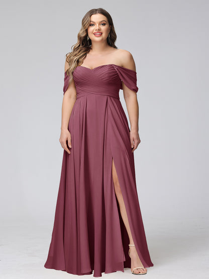A-Line Off-the-Shoulder Sleeveless Ruched Long Chiffon Plus Size Bridesmaid Dresses with Split Side