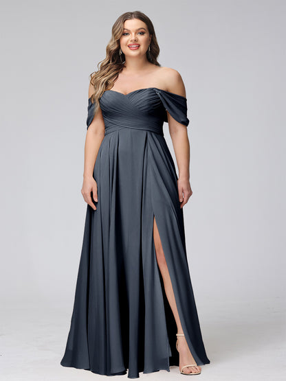 A-Line Off-the-Shoulder Sleeveless Ruched Long Chiffon Plus Size Bridesmaid Dresses with Split Side