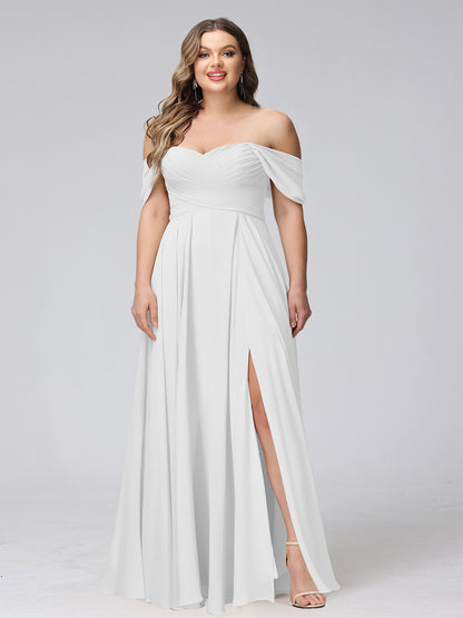 A-Line Off-the-Shoulder Sleeveless Ruched Long Chiffon Plus Size Bridesmaid Dresses with Split Side