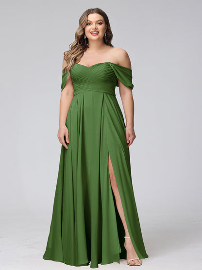 A-Line Off-the-Shoulder Sleeveless Ruched Long Chiffon Plus Size Bridesmaid Dresses with Split Side