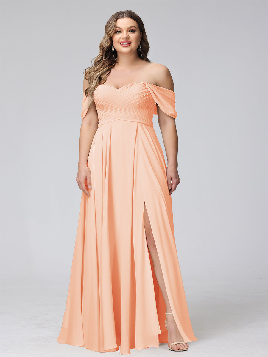 A-Line Off-the-Shoulder Sleeveless Ruched Long Chiffon Plus Size Bridesmaid Dresses with Split Side