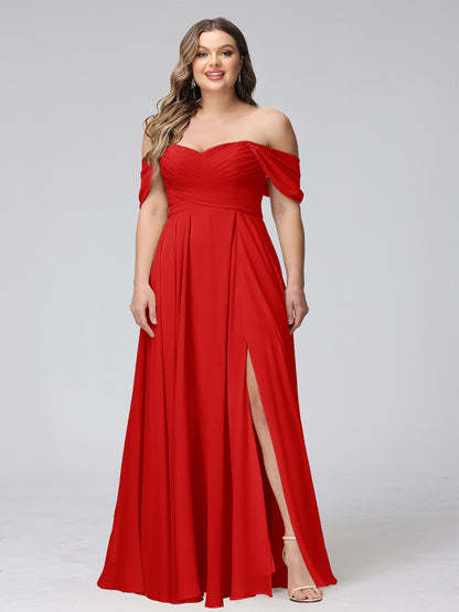 A-Line Off-the-Shoulder Sleeveless Ruched Long Chiffon Plus Size Bridesmaid Dresses with Split Side