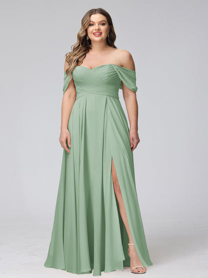 A-Line Off-the-Shoulder Sleeveless Ruched Long Chiffon Plus Size Bridesmaid Dresses with Split Side