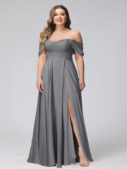 A-Line Off-the-Shoulder Sleeveless Ruched Long Chiffon Plus Size Bridesmaid Dresses with Split Side