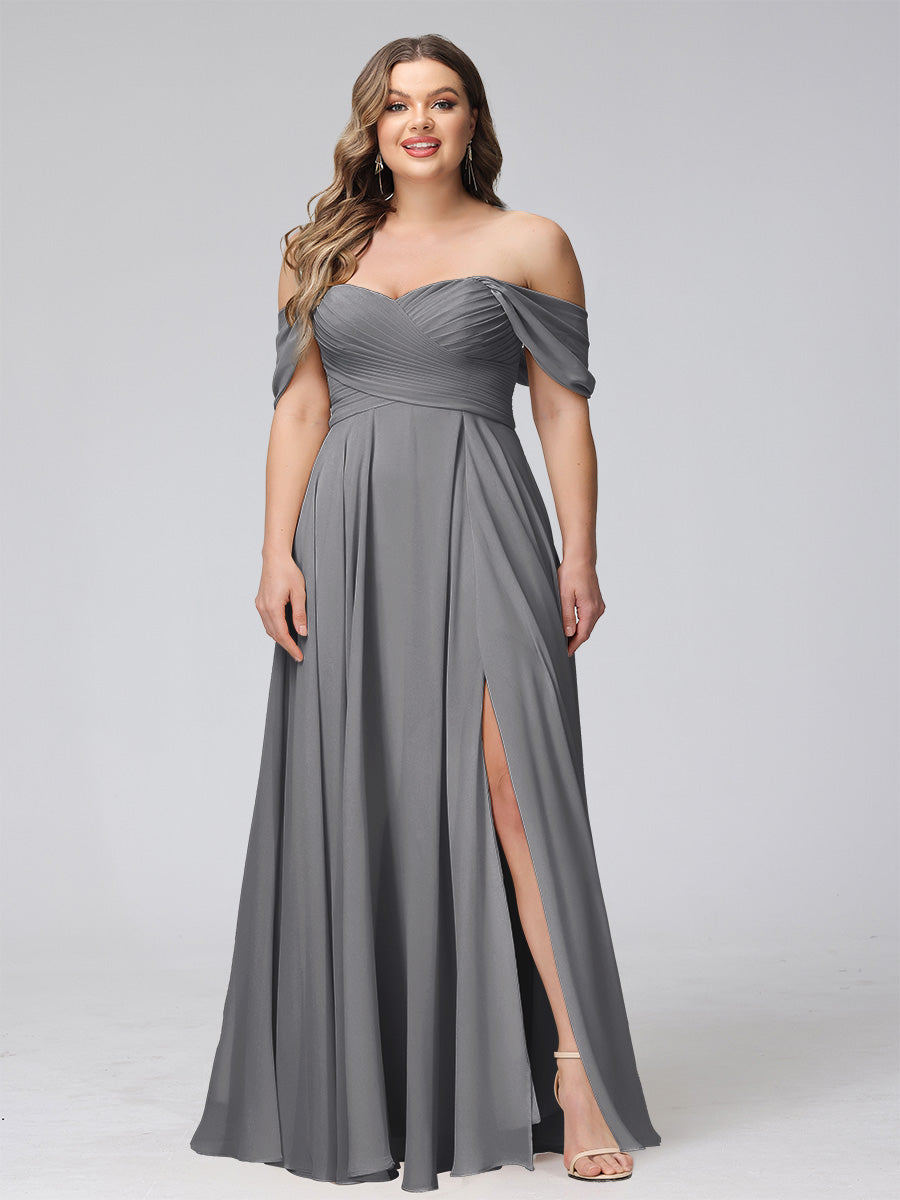 A-Line Off-the-Shoulder Sleeveless Ruched Long Chiffon Plus Size Bridesmaid Dresses with Split Side