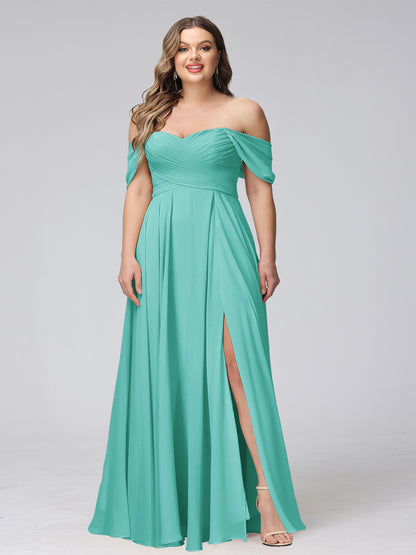 A-Line Off-the-Shoulder Sleeveless Ruched Long Chiffon Plus Size Bridesmaid Dresses with Split Side