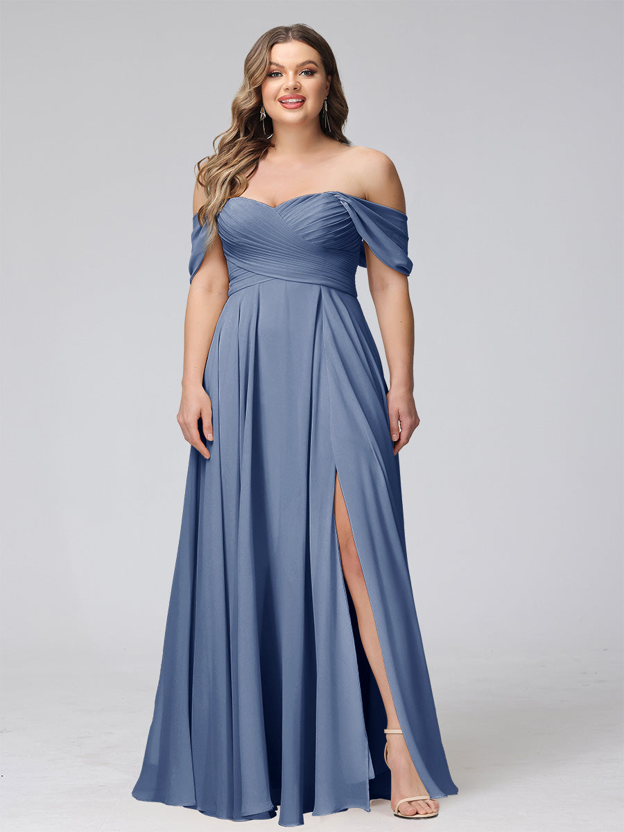 A-Line Off-the-Shoulder Sleeveless Ruched Long Chiffon Plus Size Bridesmaid Dresses with Split Side