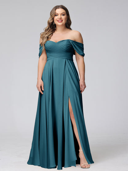A-Line Off-the-Shoulder Sleeveless Ruched Long Chiffon Plus Size Bridesmaid Dresses with Split Side