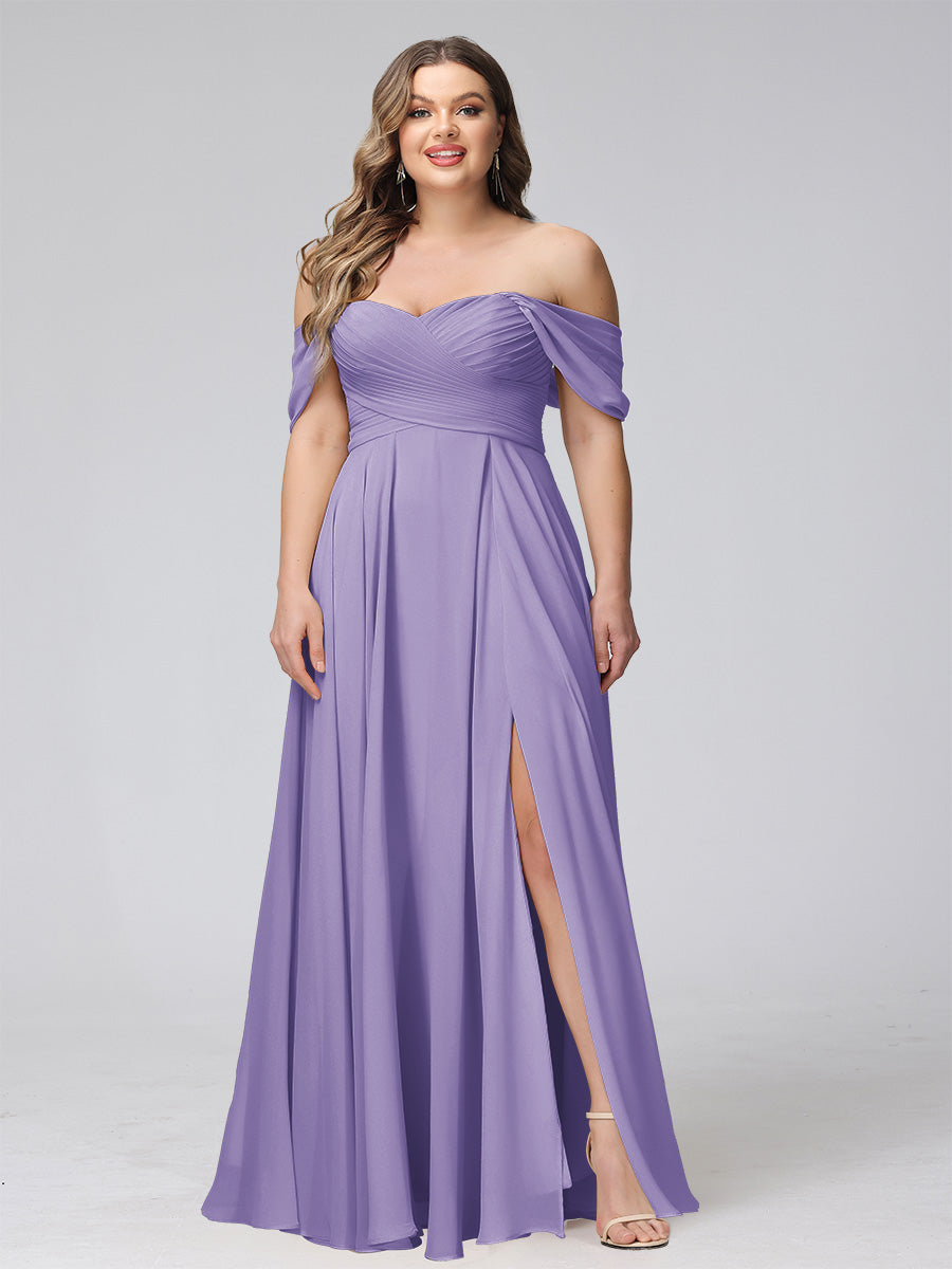 A-Line Off-the-Shoulder Sleeveless Ruched Long Chiffon Plus Size Bridesmaid Dresses with Split Side