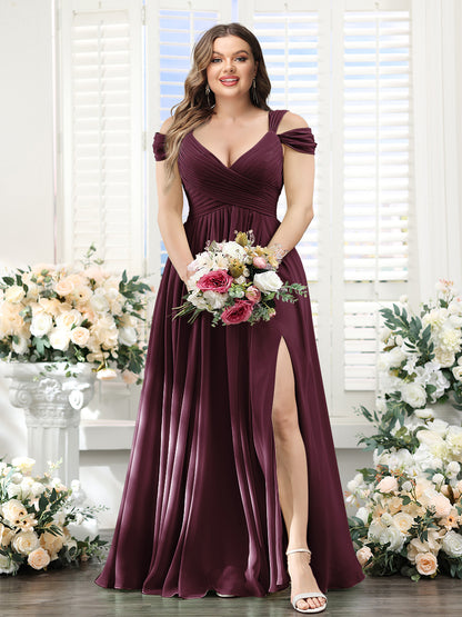 A-Line V-Neck Split Side Ruched Floor-Length Chiffon Plus Size Bridesmaid Dresses