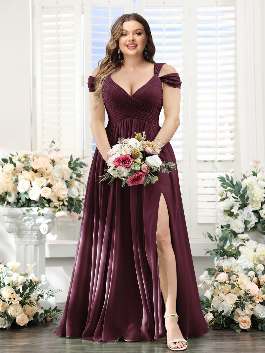 A-Line V-Neck Split Side Ruched Floor-Length Chiffon Plus Size Bridesmaid Dresses