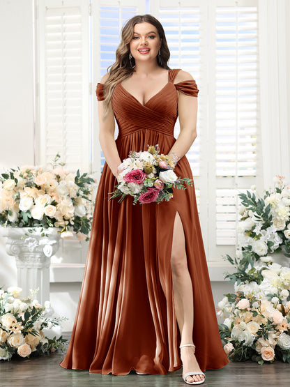 A-Line V-Neck Split Side Ruched Floor-Length Chiffon Plus Size Bridesmaid Dresses