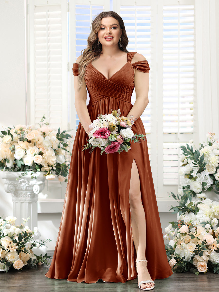 A-Line V-Neck Split Side Ruched Floor-Length Chiffon Plus Size Bridesmaid Dresses