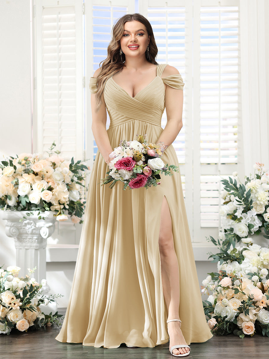 A-Line V-Neck Split Side Ruched Floor-Length Chiffon Plus Size Bridesmaid Dresses