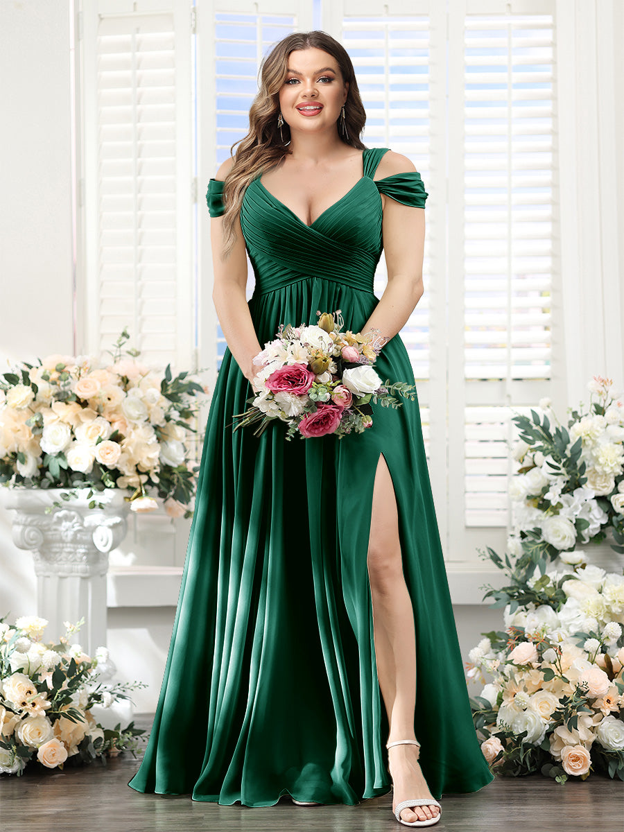 A-Line V-Neck Split Side Ruched Floor-Length Chiffon Plus Size Bridesmaid Dresses