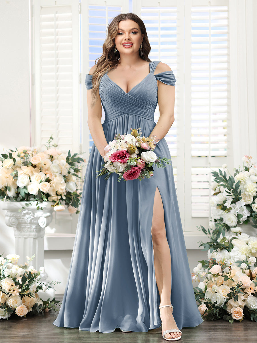 A-Line V-Neck Split Side Ruched Floor-Length Chiffon Plus Size Bridesmaid Dresses