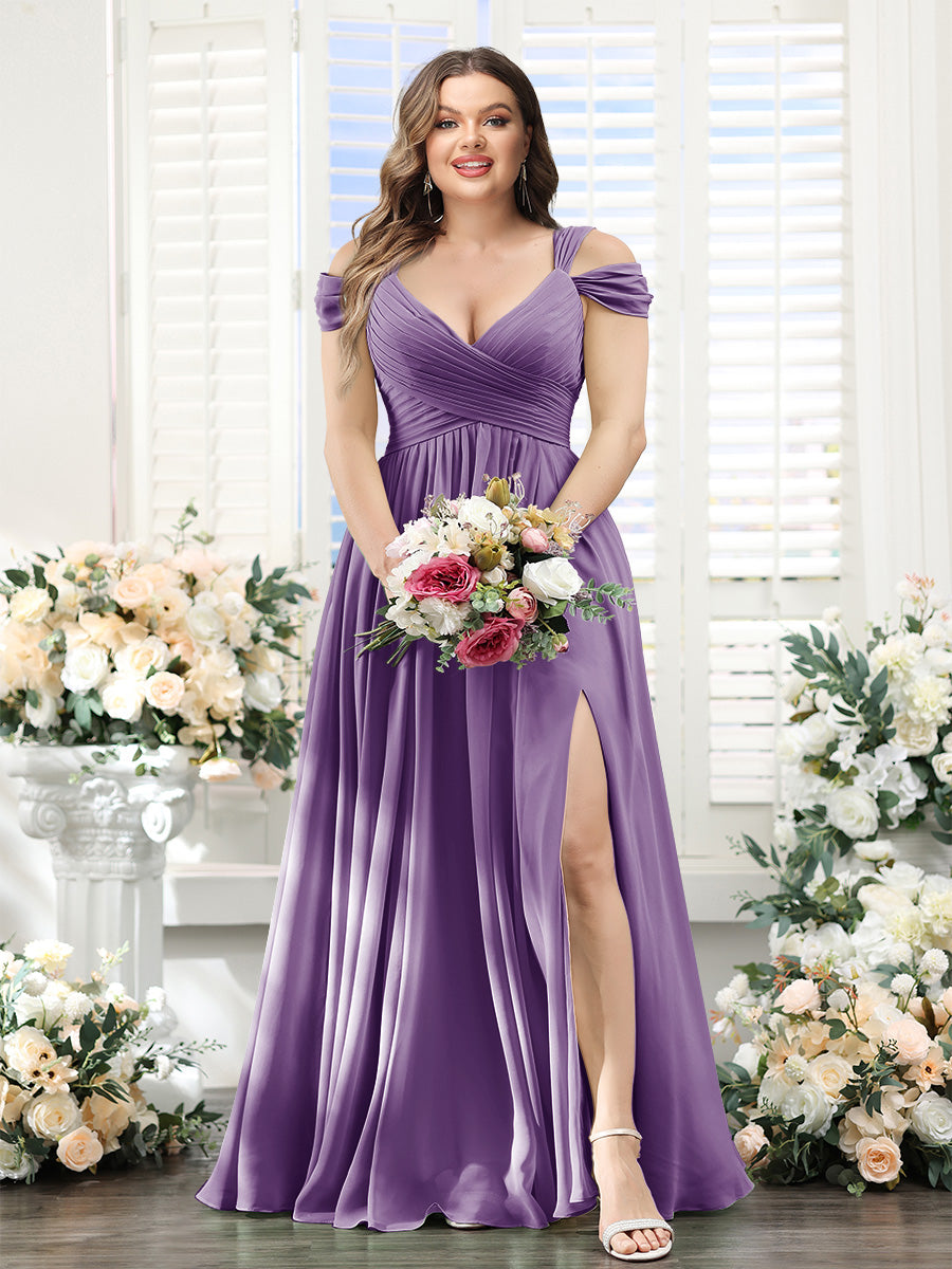 A-Line V-Neck Split Side Ruched Floor-Length Chiffon Plus Size Bridesmaid Dresses