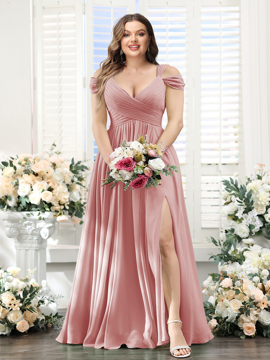 A-Line V-Neck Split Side Ruched Floor-Length Chiffon Plus Size Bridesmaid Dresses