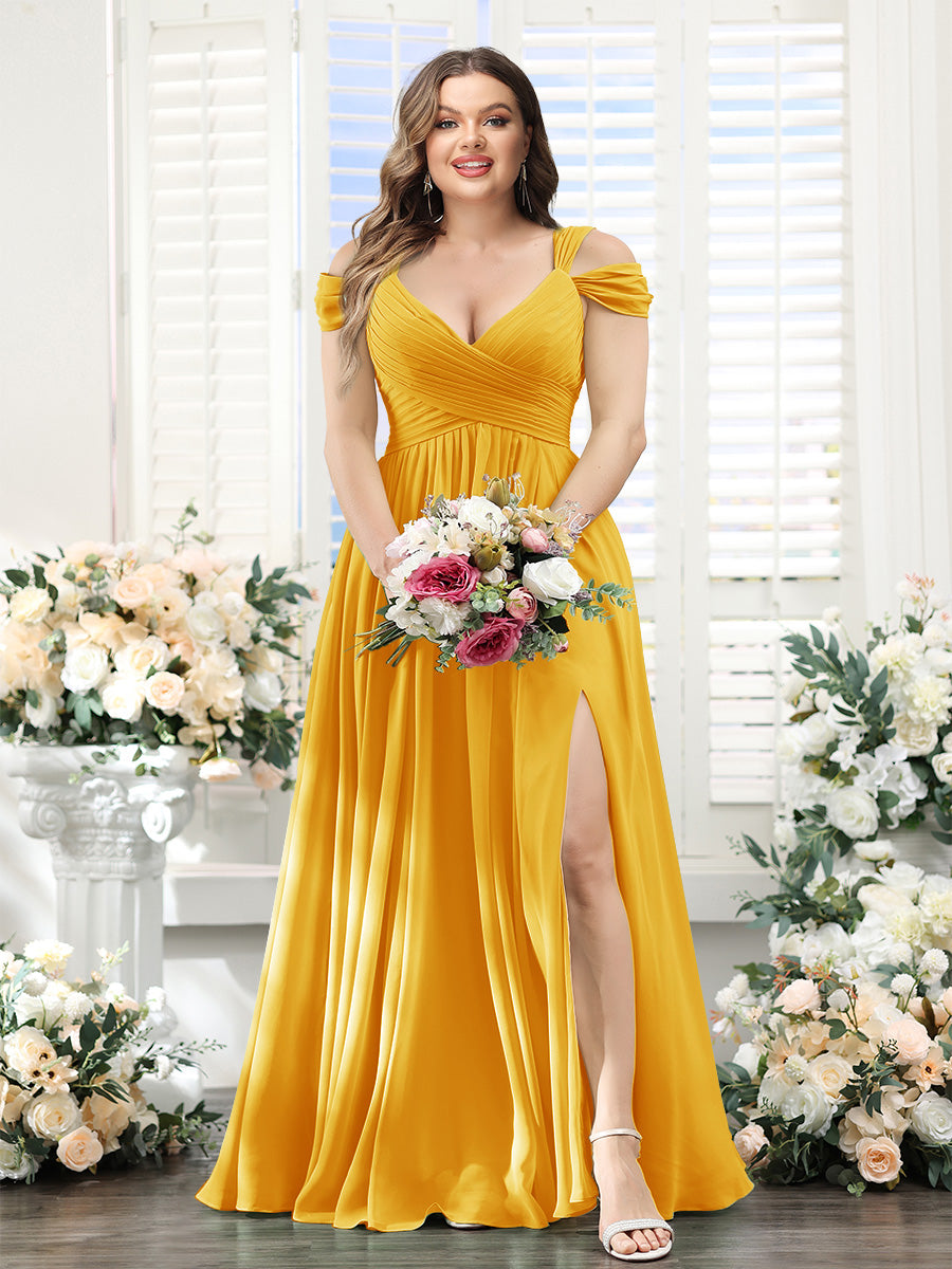 A-Line V-Neck Split Side Ruched Floor-Length Chiffon Plus Size Bridesmaid Dresses