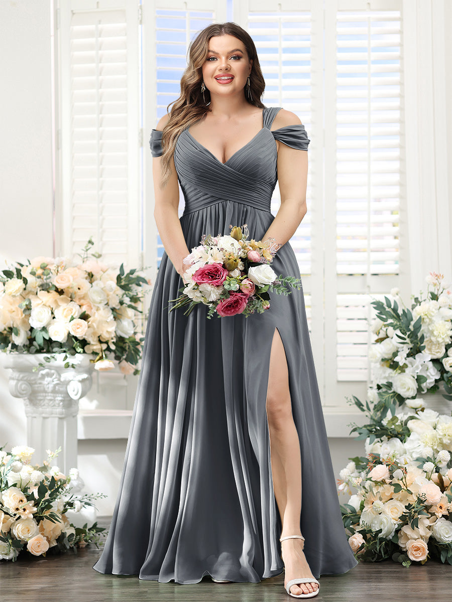 A-Line V-Neck Split Side Ruched Floor-Length Chiffon Plus Size Bridesmaid Dresses