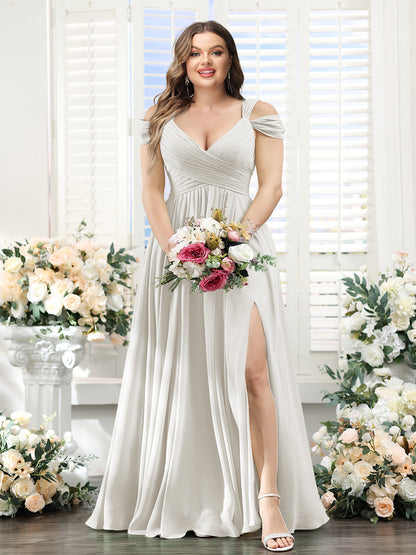 A-Line V-Neck Split Side Ruched Floor-Length Chiffon Plus Size Bridesmaid Dresses