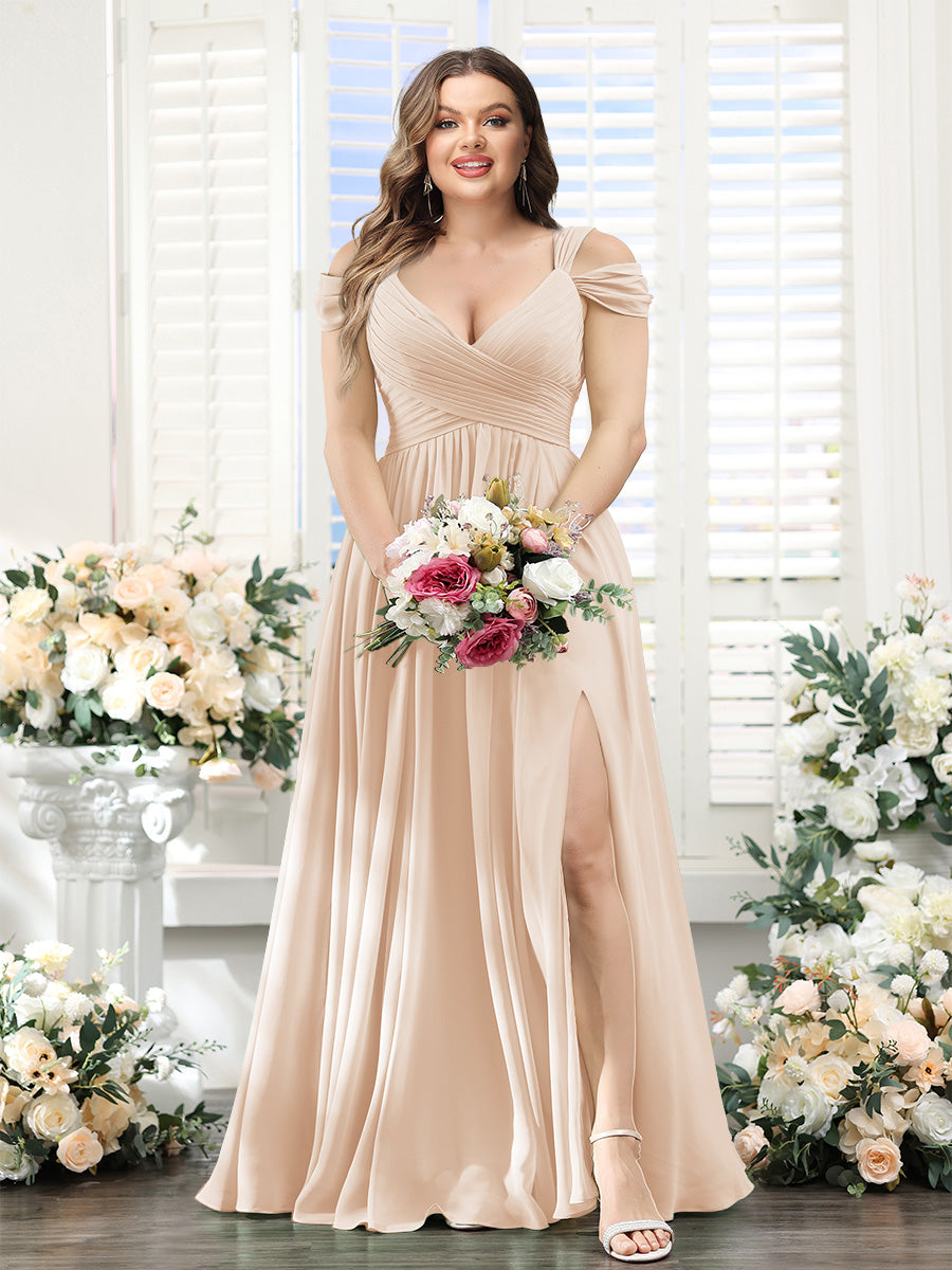 A-Line V-Neck Split Side Ruched Floor-Length Chiffon Plus Size Bridesmaid Dresses