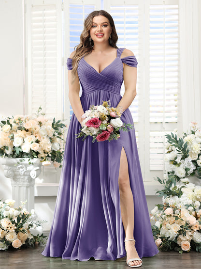 A-Line V-Neck Split Side Ruched Floor-Length Chiffon Plus Size Bridesmaid Dresses
