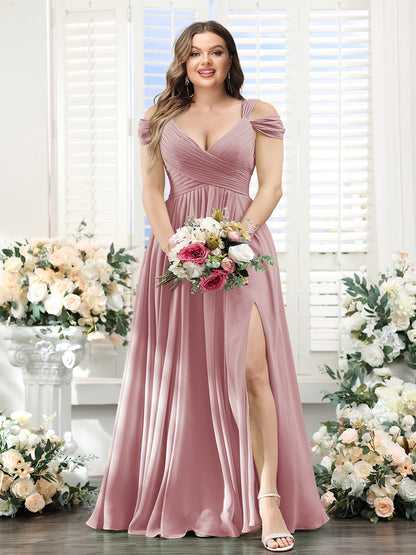 A-Line V-Neck Split Side Ruched Floor-Length Chiffon Plus Size Bridesmaid Dresses