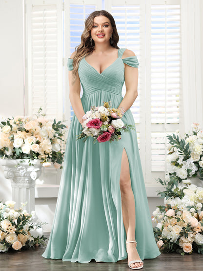 A-Line V-Neck Split Side Ruched Floor-Length Chiffon Plus Size Bridesmaid Dresses