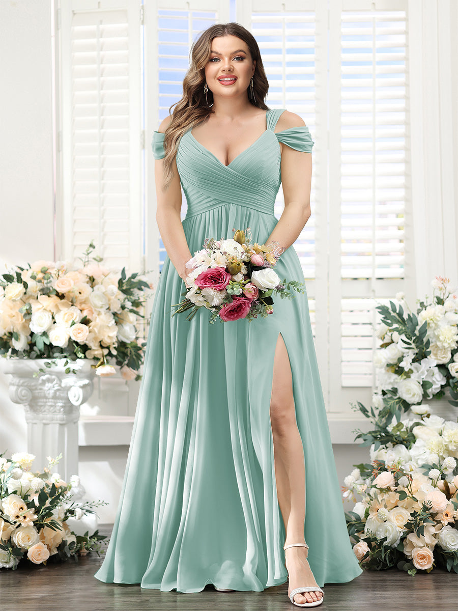 A-Line V-Neck Split Side Ruched Floor-Length Chiffon Plus Size Bridesmaid Dresses