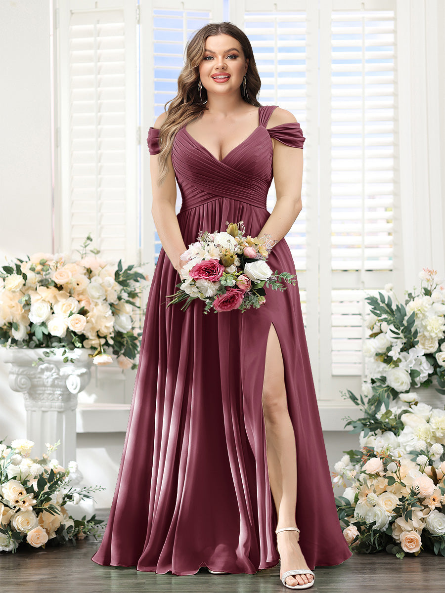 A-Line V-Neck Split Side Ruched Floor-Length Chiffon Plus Size Bridesmaid Dresses