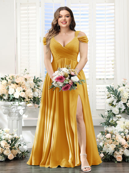 A-Line V-Neck Split Side Ruched Floor-Length Chiffon Plus Size Bridesmaid Dresses