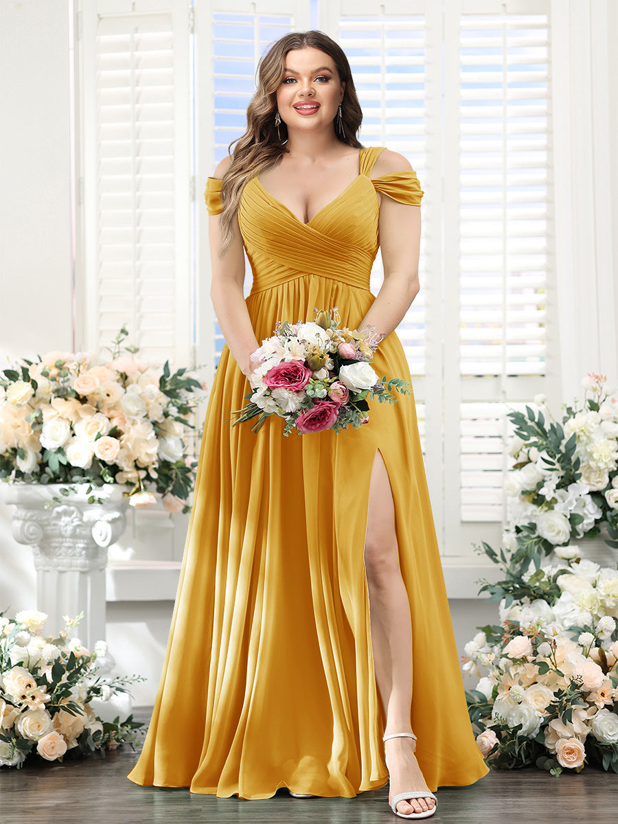 A-Line V-Neck Split Side Ruched Floor-Length Chiffon Plus Size Bridesmaid Dresses