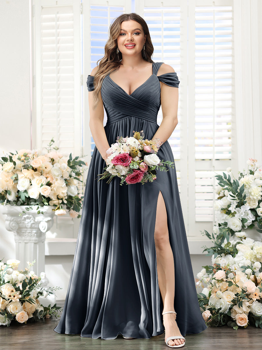 A-Line V-Neck Split Side Ruched Floor-Length Chiffon Plus Size Bridesmaid Dresses