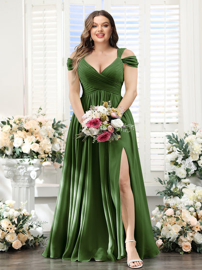 A-Line V-Neck Split Side Ruched Floor-Length Chiffon Plus Size Bridesmaid Dresses