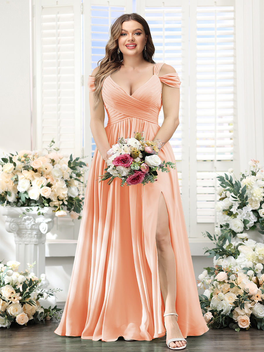 A-Line V-Neck Split Side Ruched Floor-Length Chiffon Plus Size Bridesmaid Dresses