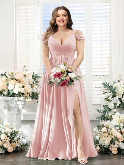 A-Line V-Neck Split Side Ruched Floor-Length Chiffon Plus Size Bridesmaid Dresses