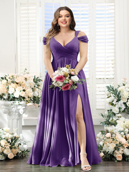 A-Line V-Neck Split Side Ruched Floor-Length Chiffon Plus Size Bridesmaid Dresses