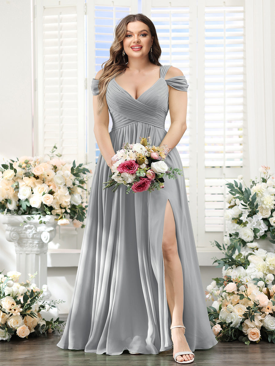 A-Line V-Neck Split Side Ruched Floor-Length Chiffon Plus Size Bridesmaid Dresses