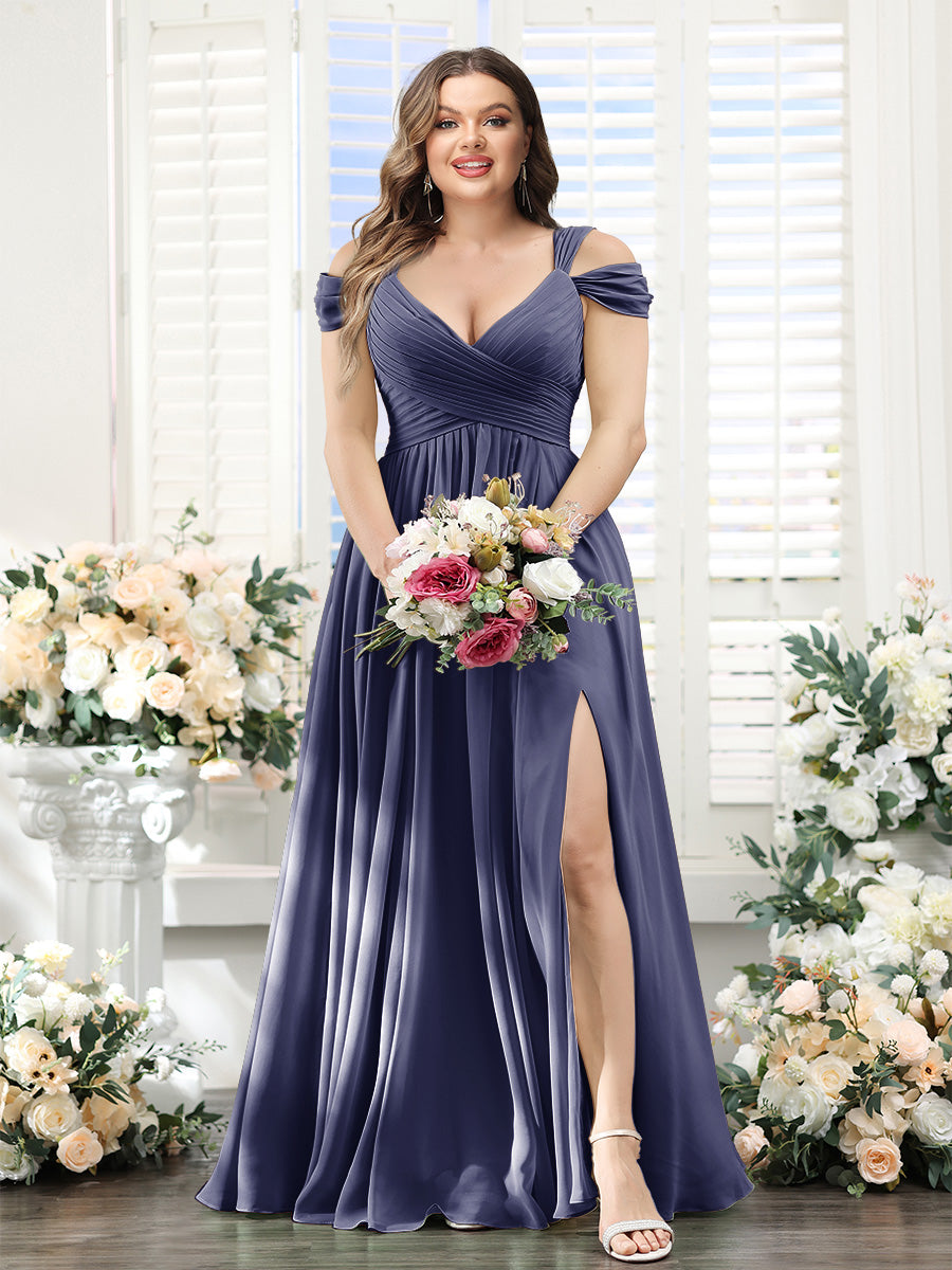 A-Line V-Neck Split Side Ruched Floor-Length Chiffon Plus Size Bridesmaid Dresses