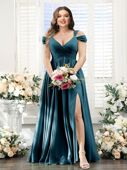 A-Line V-Neck Split Side Ruched Floor-Length Chiffon Plus Size Bridesmaid Dresses