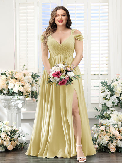 A-Line V-Neck Split Side Ruched Floor-Length Chiffon Plus Size Bridesmaid Dresses