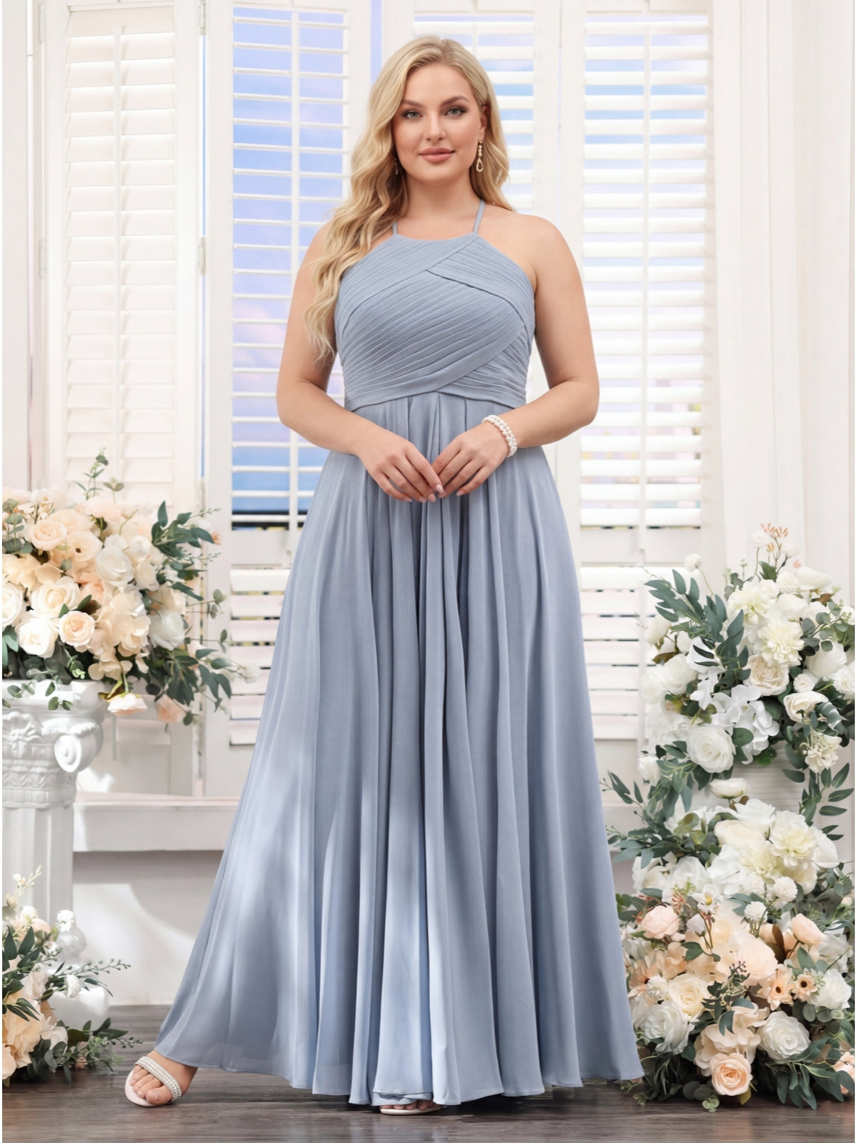 A-Line Halter Sleeveless Ruched Floor-Length Chiffon Plus Size Bridesmaid Dresses