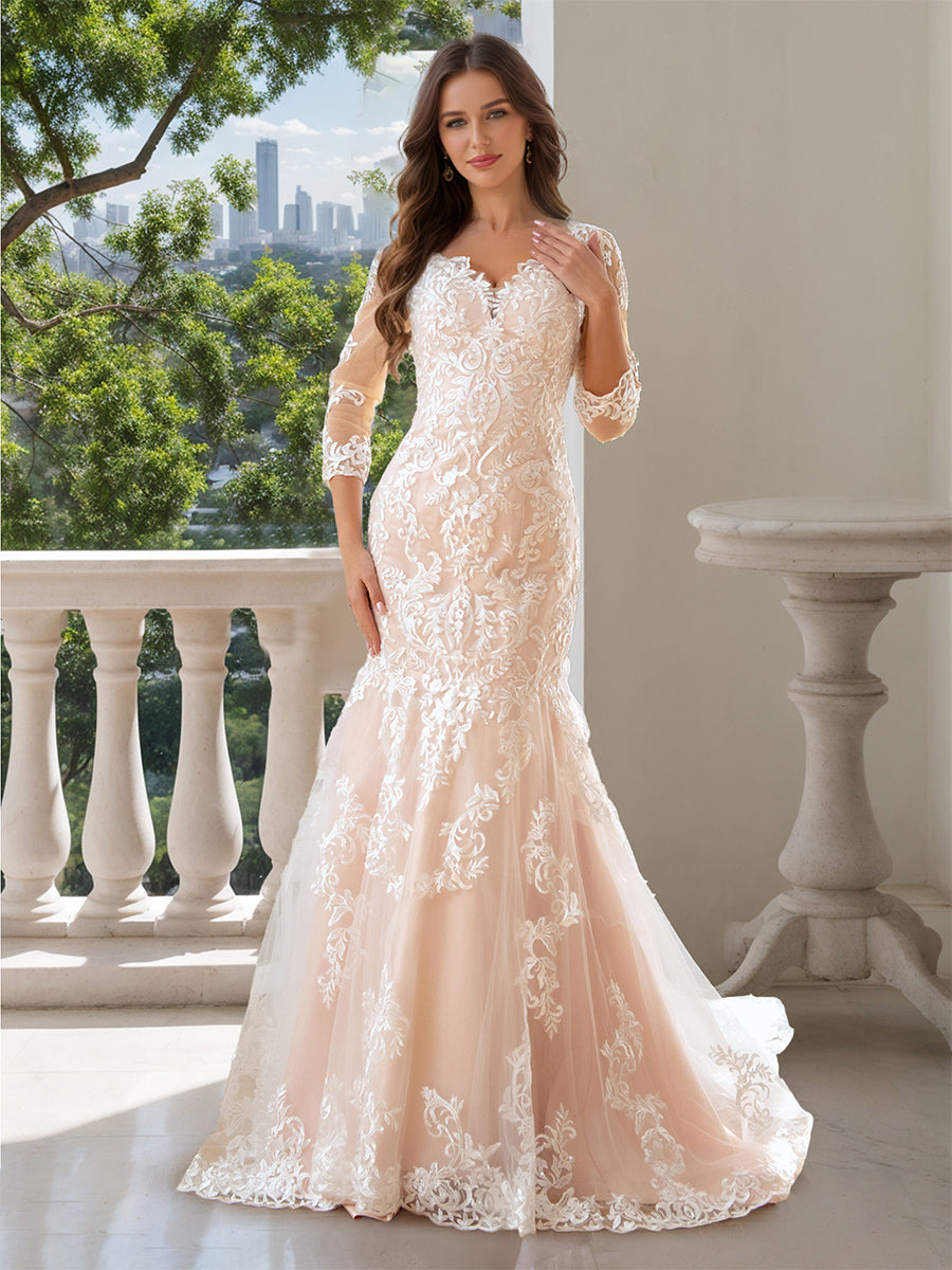 Trumpet/Mermaid V-Neck 3/4 Sleeves Wedding Dresses with Lace Appliques