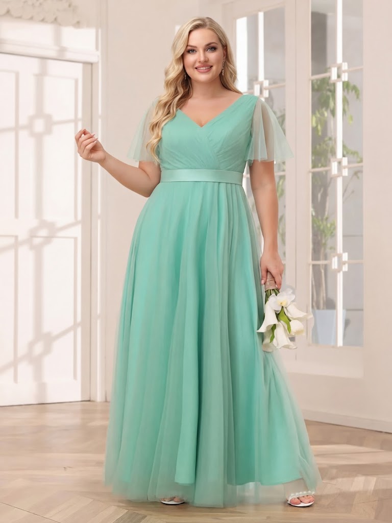 A-Line/Princess Tulle Long Plus Size Bridesmaid Dresses with Sleeves